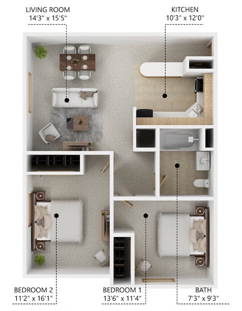Floor plan for 2 beds, 1 bath, 823 sqft